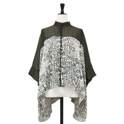 メッセージ プリント ワイド ブラウス / スタンドカラー 半袖 クロップド丈 サテン メッシュ