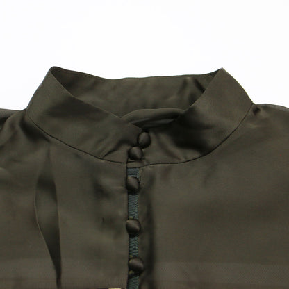 メッセージ プリント ワイド ブラウス / スタンドカラー 半袖 クロップド丈 サテン メッシュ