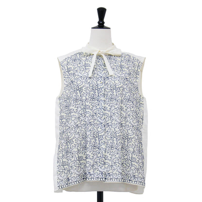 23春夏 キース エンブロイダリー ボウタイ ブラウス / ノースリーブ スタンドカラー リボン 刺繍