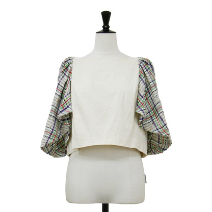 パフスリーブ ツイード ドッキング トップス / ブラウス ボートネック 半袖 切替 コットン バンブー シルク