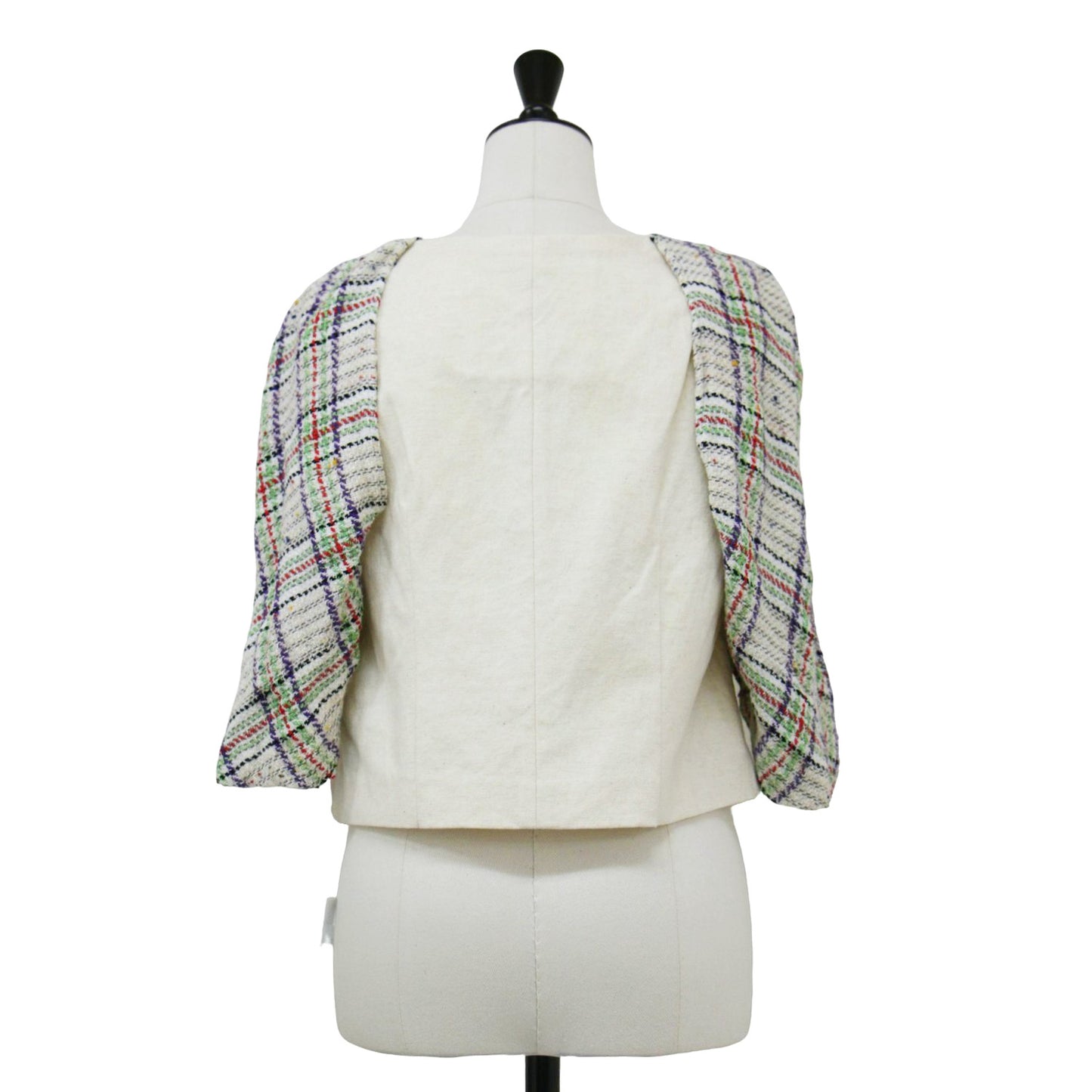 パフスリーブ ツイード ドッキング トップス / ブラウス ボートネック 半袖 切替 コットン バンブー シルク