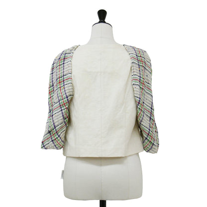 パフスリーブ ツイード ドッキング トップス / ブラウス ボートネック 半袖 切替 コットン バンブー シルク