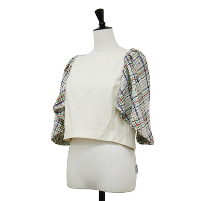 パフスリーブ ツイード ドッキング トップス / ブラウス ボートネック 半袖 切替 コットン バンブー シルク