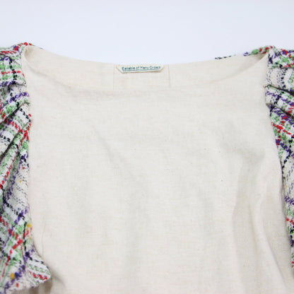 パフスリーブ ツイード ドッキング トップス / ブラウス ボートネック 半袖 切替 コットン バンブー シルク