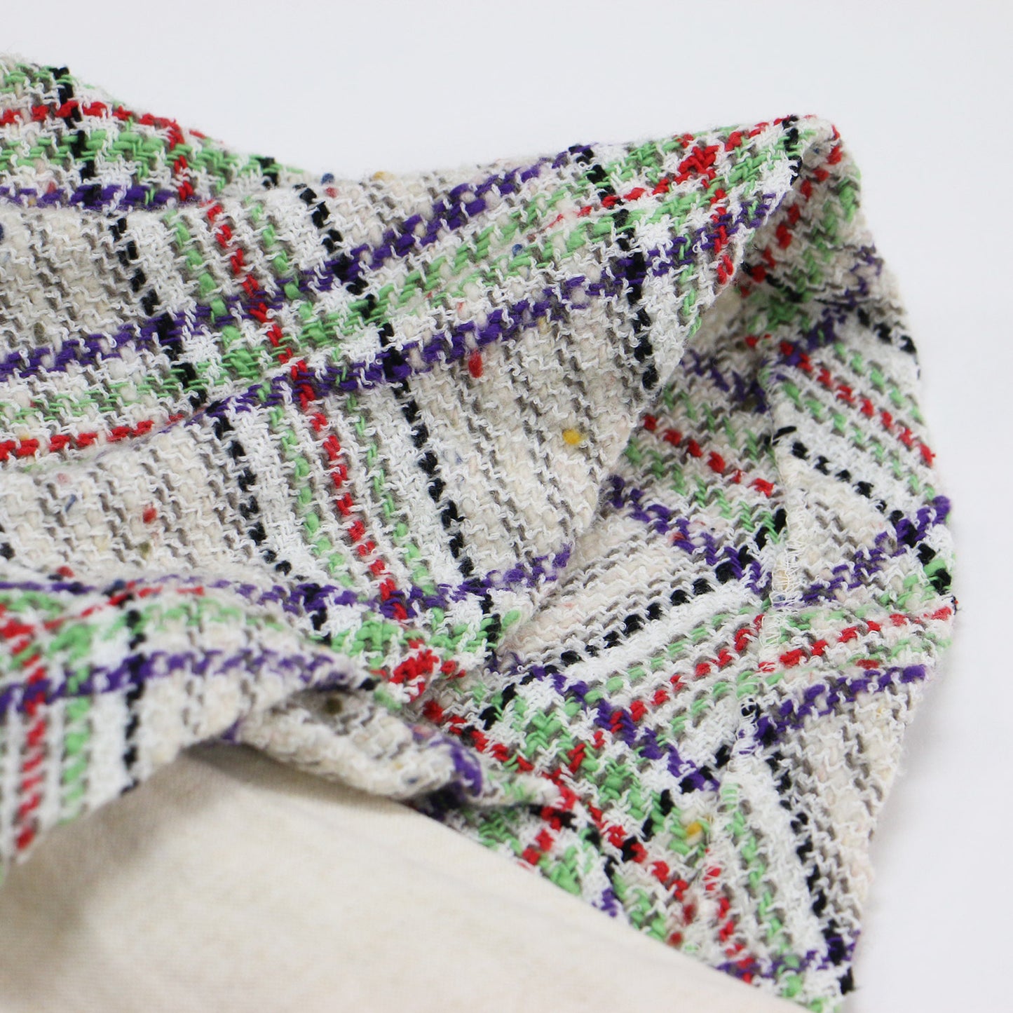 パフスリーブ ツイード ドッキング トップス / ブラウス ボートネック 半袖 切替 コットン バンブー シルク