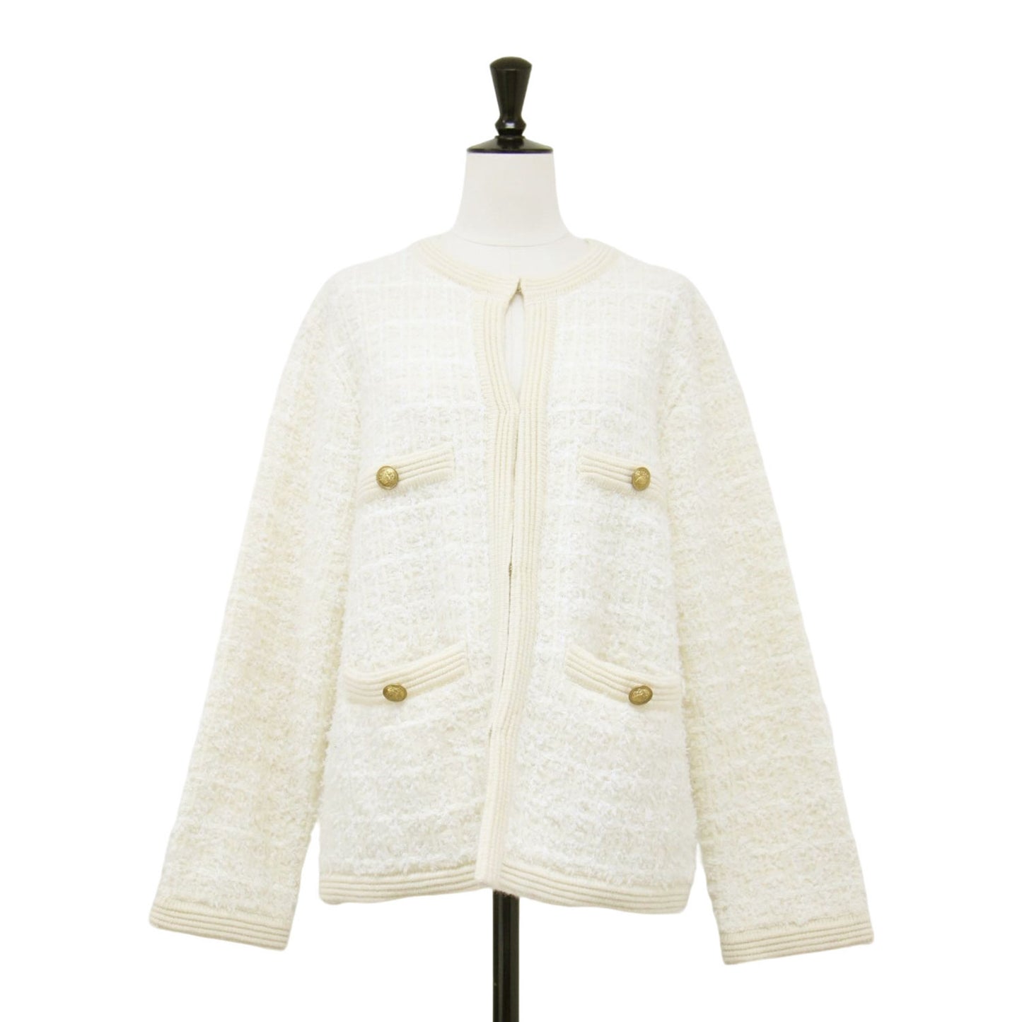 22秋冬 ツイード ニット ジャケット / カーディガン ノーカラー 長袖 リブ 金釦