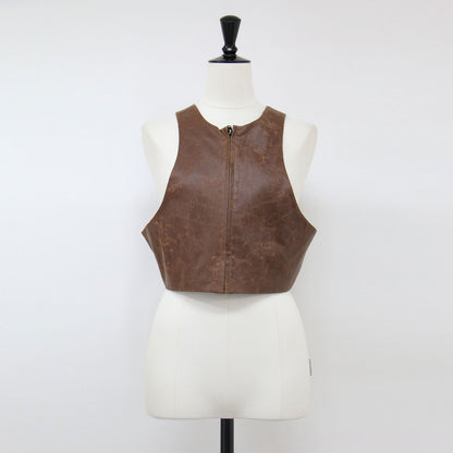 24秋冬 クラッキング フェイクレザー ベスト / crackingfakeleather vest ショート丈 クルーネック アメリカンスリーブ 2WAY
