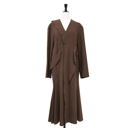 アシンメトリー ミディ ワンピース / ひざ下 Vネック 長袖 マーメイド フリル