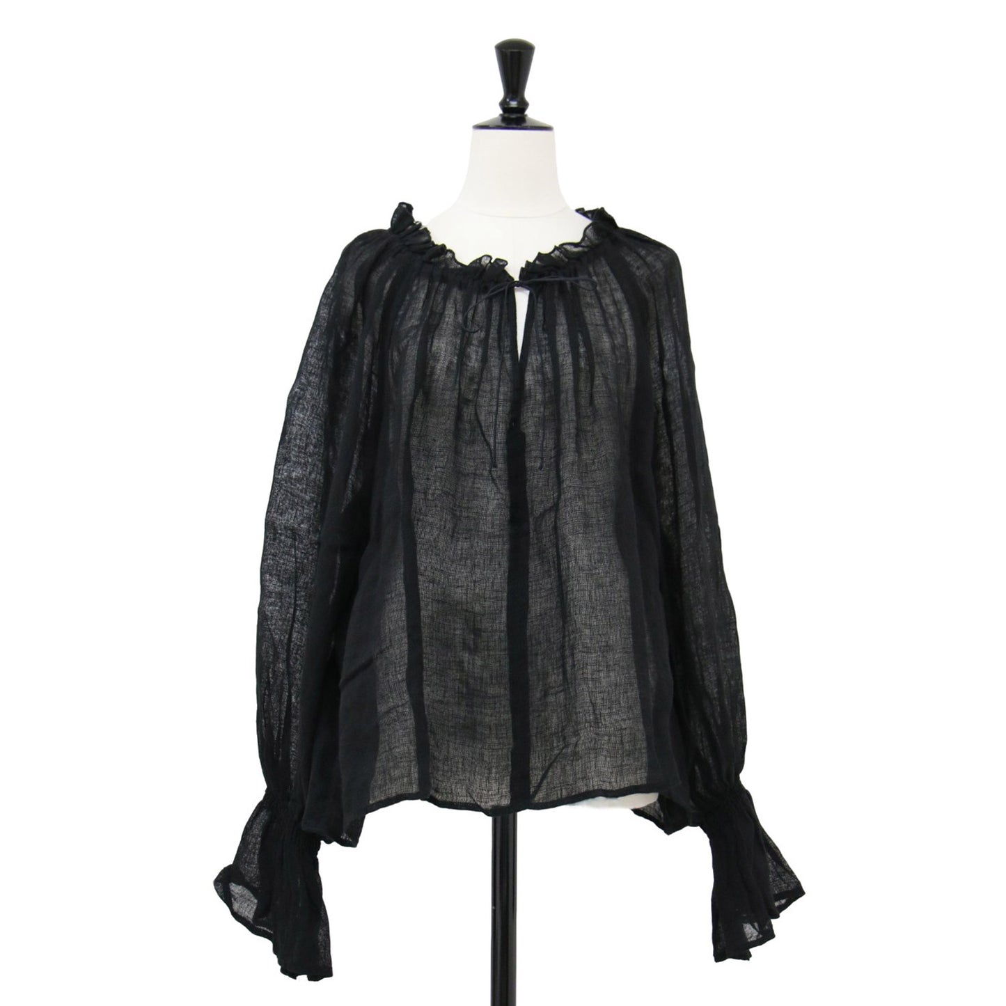 24春夏 リネン ギャザー ブラウス / LINEN Gather プルオーバー 長袖 Vネック シアー