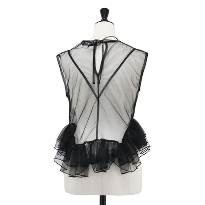 25春夏 チュール ペプラム ラッフル トップス / Tulle Peplum Ruffle Top ブラウス ノースリーブ クルーネック シアー フリル