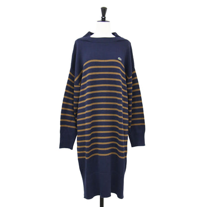 ストライプ ニット ドレス / ワンピース ミディ丈 長袖 ボートネック ボーダー コットン