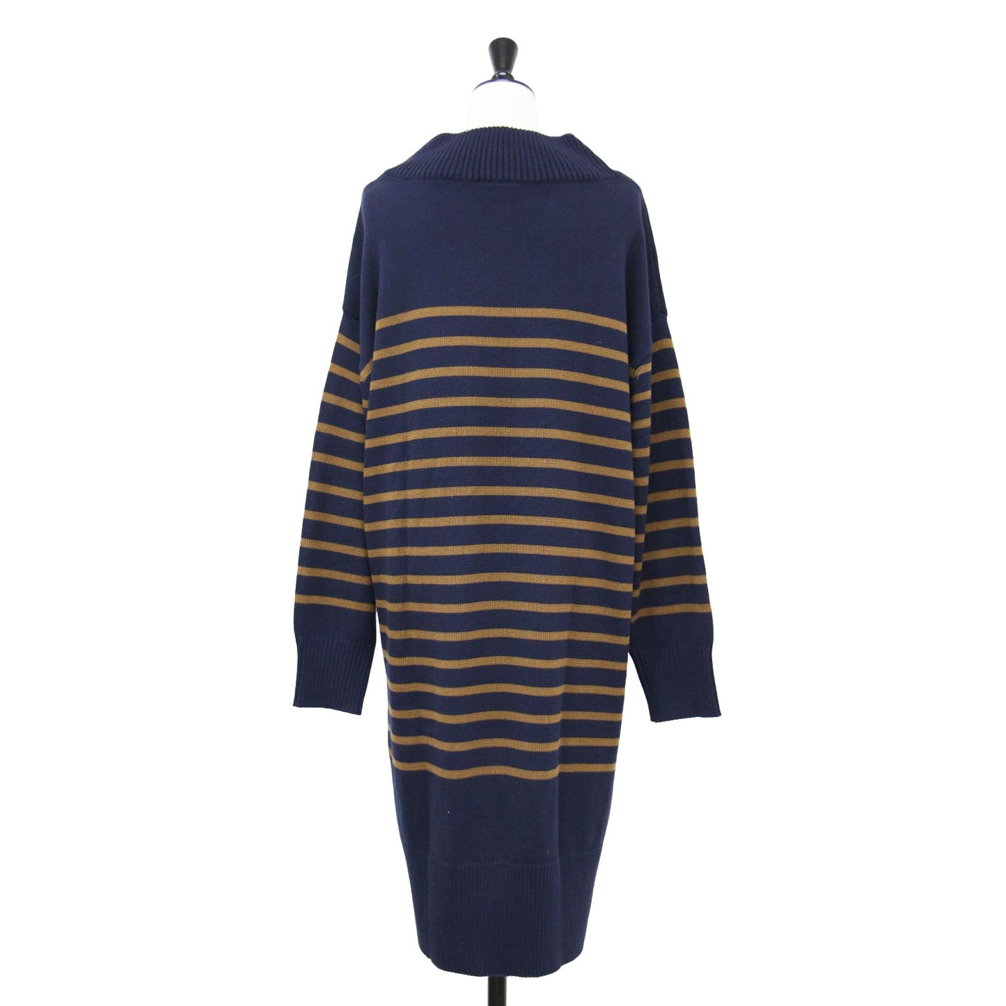 ストライプ ニット ドレス / ワンピース ミディ丈 長袖 ボートネック ボーダー コットン