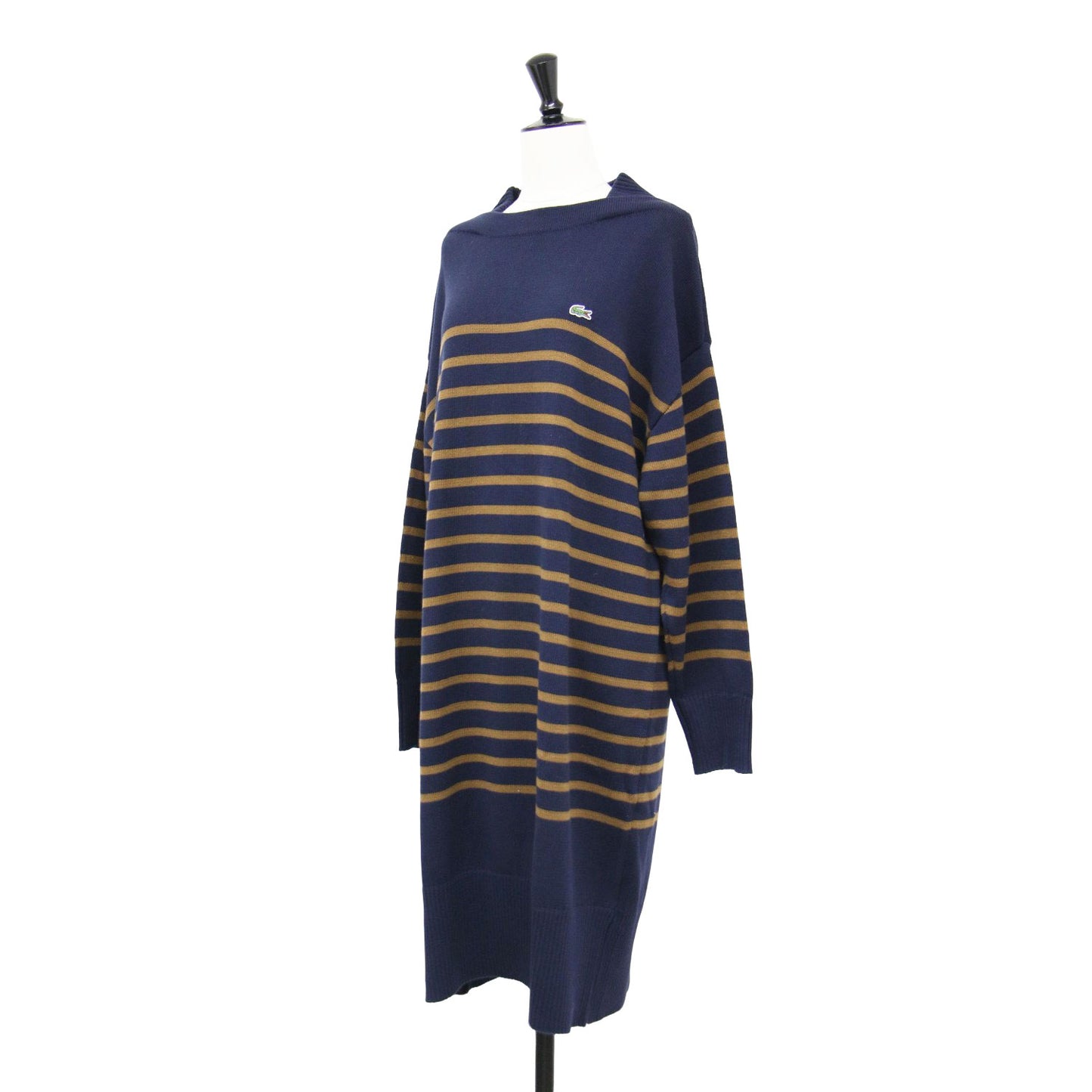 ストライプ ニット ドレス / ワンピース ミディ丈 長袖 ボートネック ボーダー コットン