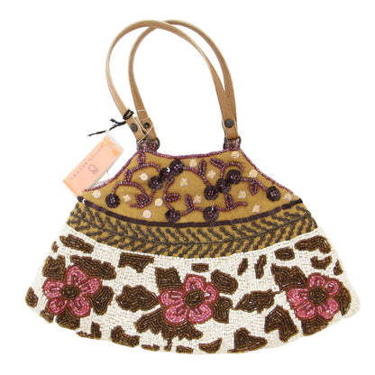 ビーズ 刺繍 ハンドバッグ / フラワー模様 レザーハンドル スパンコール