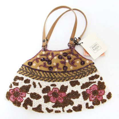 ビーズ 刺繍 ハンドバッグ / フラワー模様 レザーハンドル スパンコール