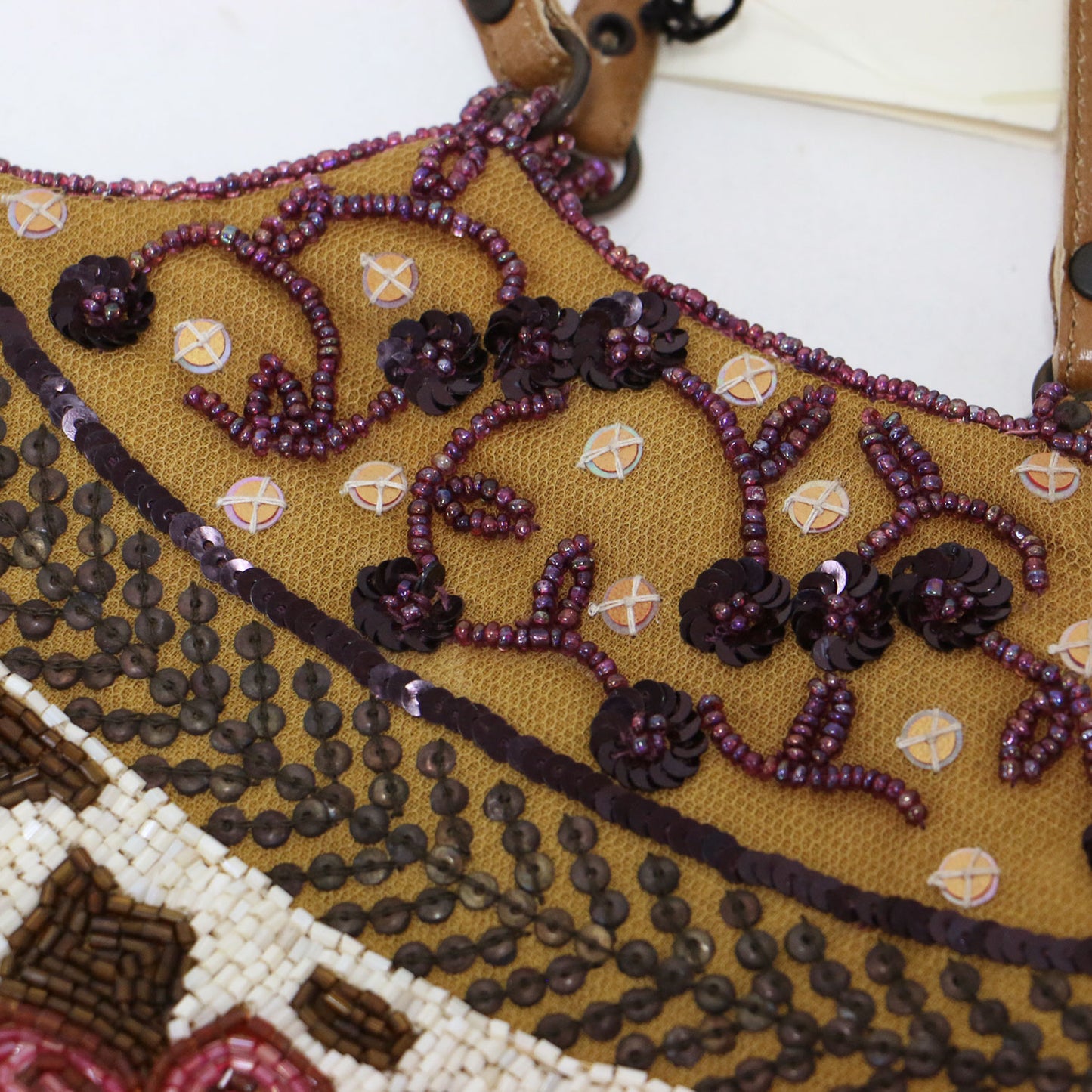 ビーズ 刺繍 ハンドバッグ / フラワー模様 レザーハンドル スパンコール