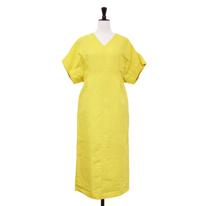 22春夏 リネン コットン ムーブ Vネック ワンピース / ロング丈 半袖 ボリュームスリーブ タック フリンジ