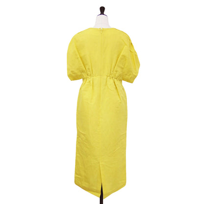 22春夏 リネン コットン ムーブ Vネック ワンピース / ロング丈 半袖 ボリュームスリーブ タック フリンジ