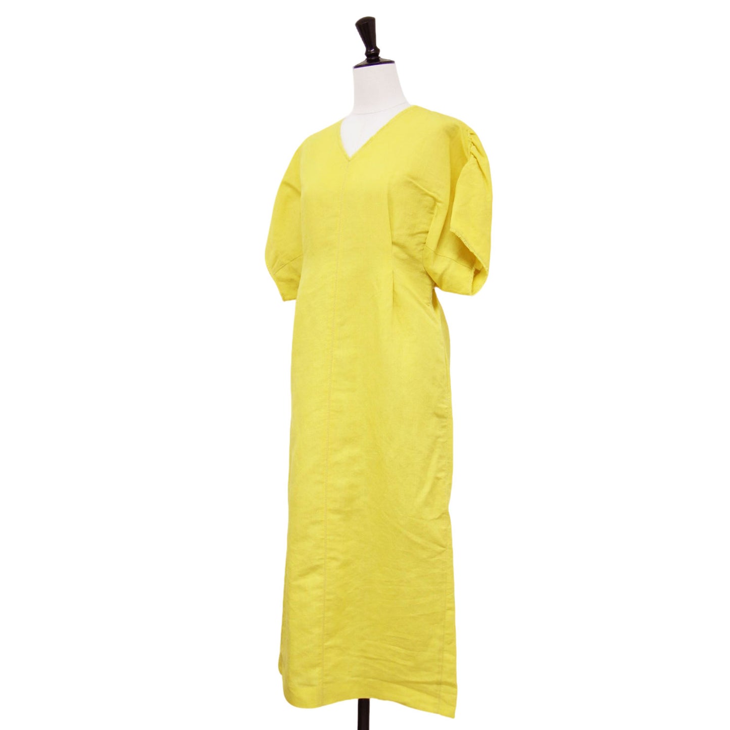 22春夏 リネン コットン ムーブ Vネック ワンピース / ロング丈 半袖 ボリュームスリーブ タック フリンジ