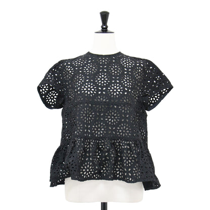 23春夏 サークルフラワー エンブロイダリー ティアード ブラウス / シャツ 半袖 クルーネック 刺繍 レース コットン