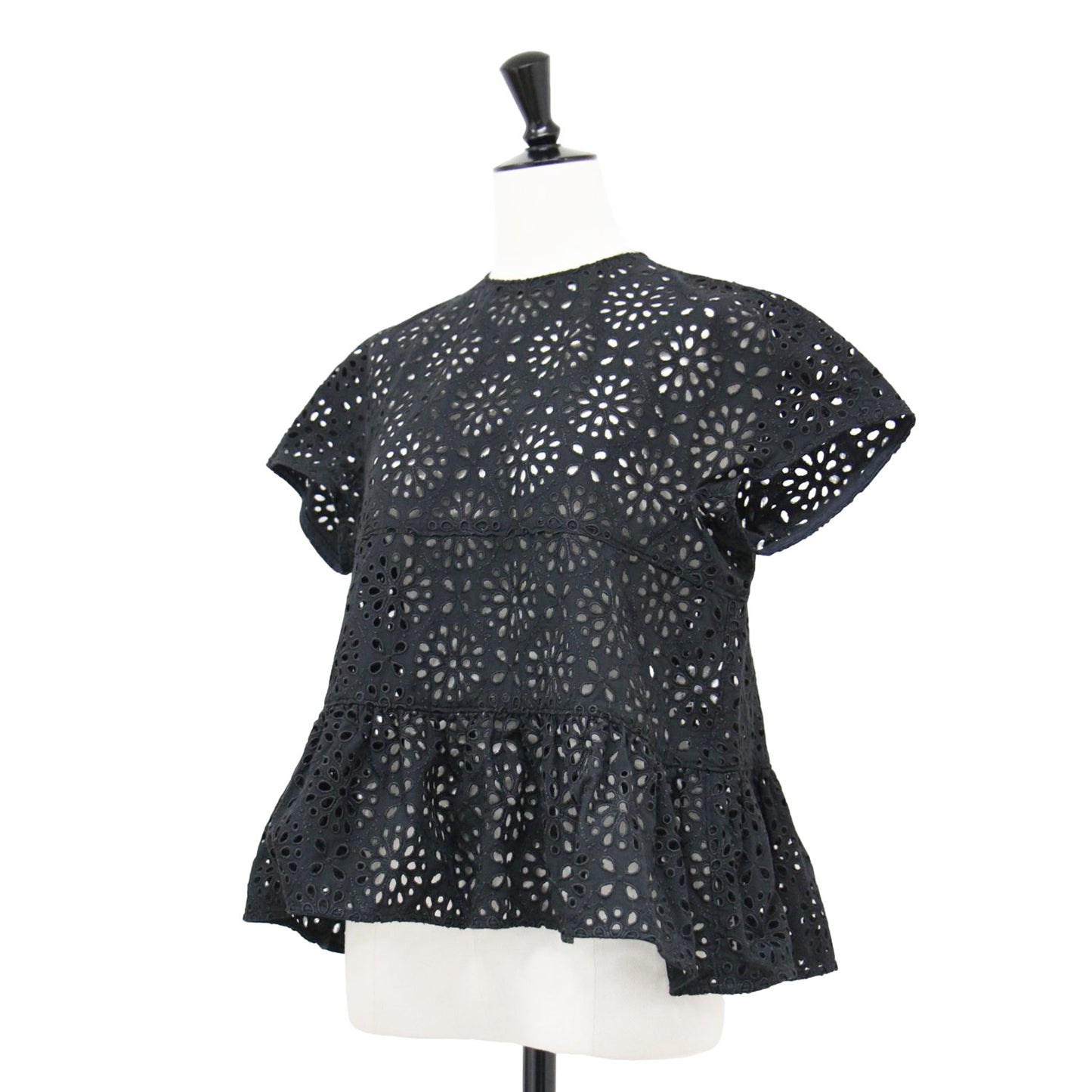 23春夏 サークルフラワー エンブロイダリー ティアード ブラウス / シャツ 半袖 クルーネック 刺繍 レース コットン