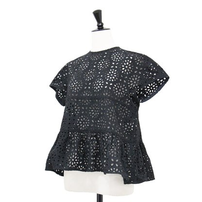 23春夏 サークルフラワー エンブロイダリー ティアード ブラウス / シャツ 半袖 クルーネック 刺繍 レース コットン