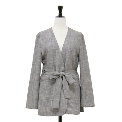 24春夏 シャイニー グレンチェック サイドスリット ジャケット / ノーカラー Vネック 長袖 ウエストベルト