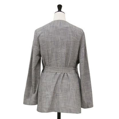 24春夏 シャイニー グレンチェック サイドスリット ジャケット / ノーカラー Vネック 長袖 ウエストベルト