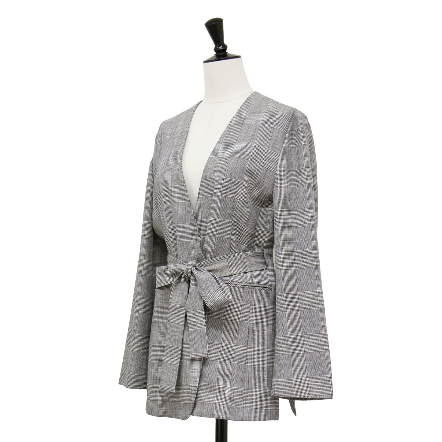 24春夏 シャイニー グレンチェック サイドスリット ジャケット / ノーカラー Vネック 長袖 ウエストベルト