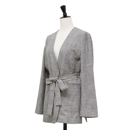 24春夏 シャイニー グレンチェック サイドスリット ジャケット / ノーカラー Vネック 長袖 ウエストベルト