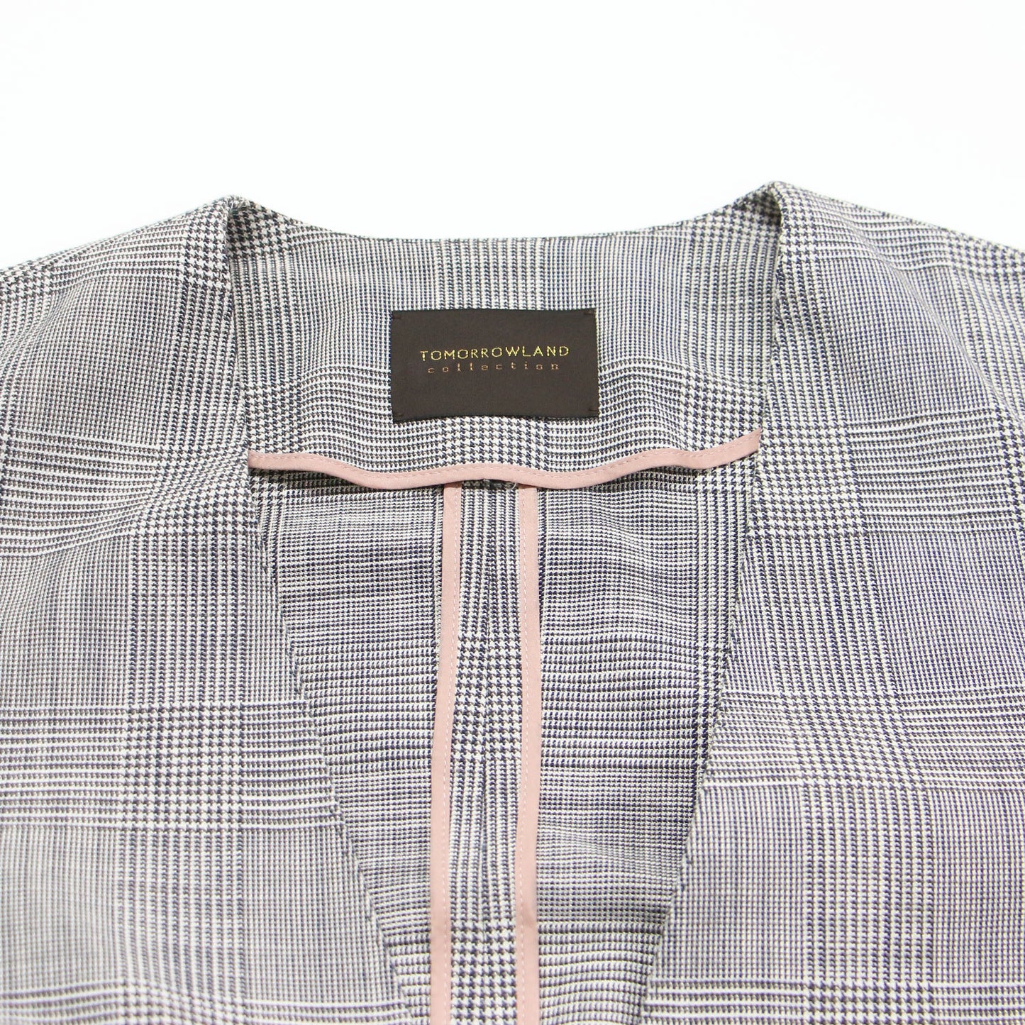 24春夏 シャイニー グレンチェック サイドスリット ジャケット / ノーカラー Vネック 長袖 ウエストベルト