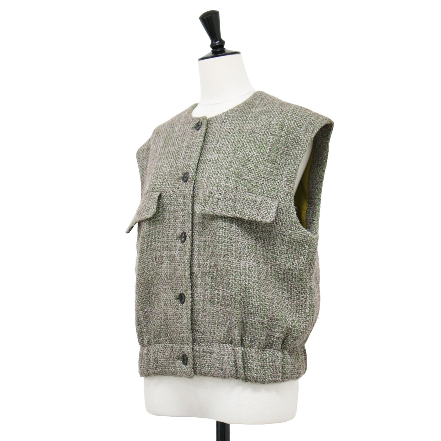 22秋冬 ロービングツイード ノースリーブ ブルゾン / ベスト ショート丈 ノーカラー クルーネック ウール モヘヤ