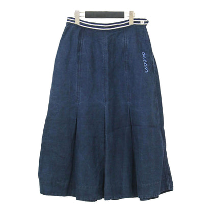 リネンのセーラースカート / プリーツスカート ミディ丈 タック フレア Aライン インディゴ染め