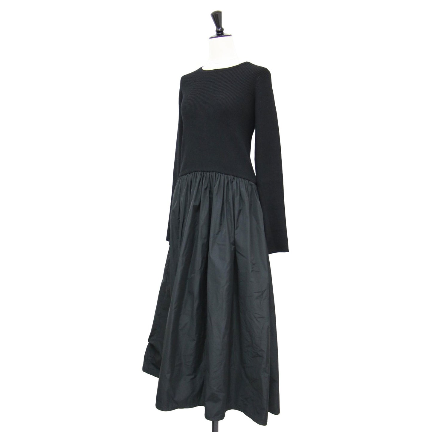 23秋冬 リブニット 切替ワンピース / RIBBED KNIT GATHERED DRESS ドレス 長袖 マキシ丈 ギャザー フレア ウール