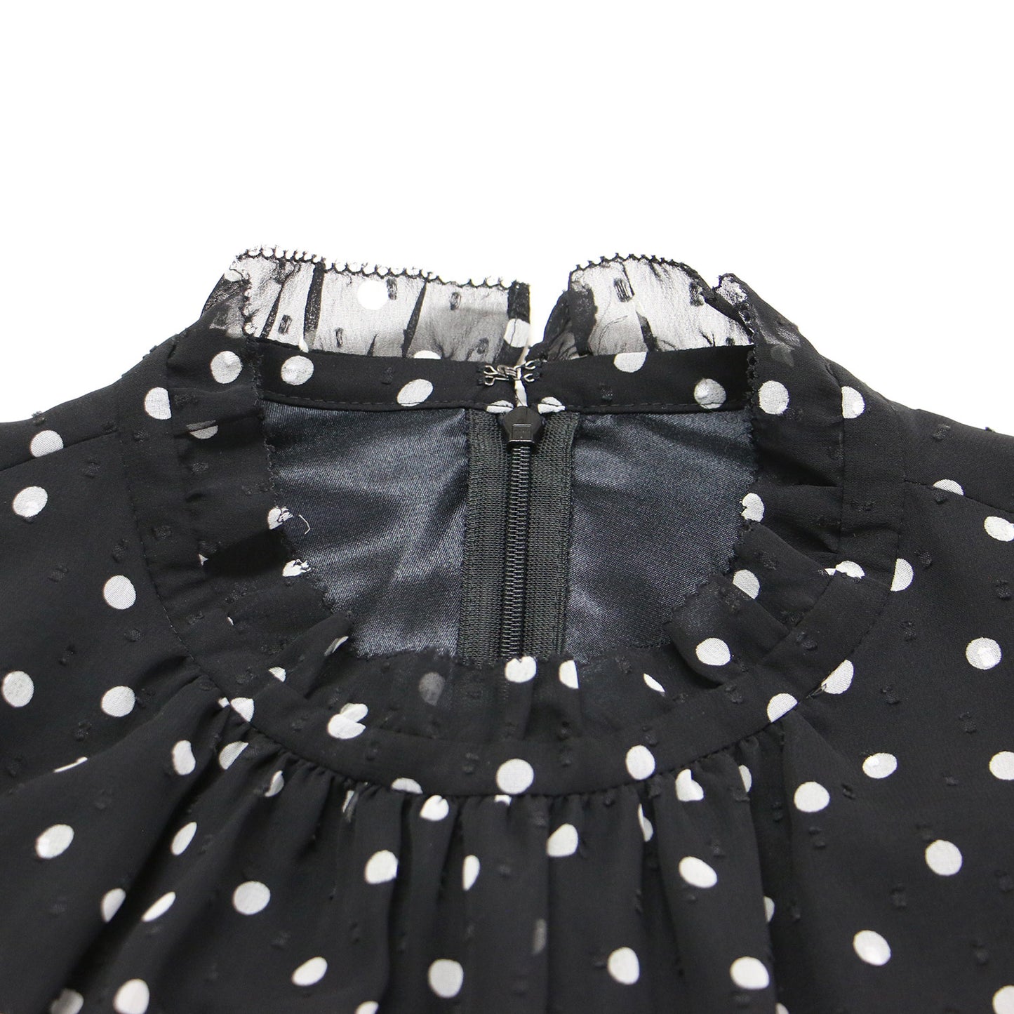 ドット フリル シアー ロング ワンピース / 長袖 ハイネック ティアード リボン