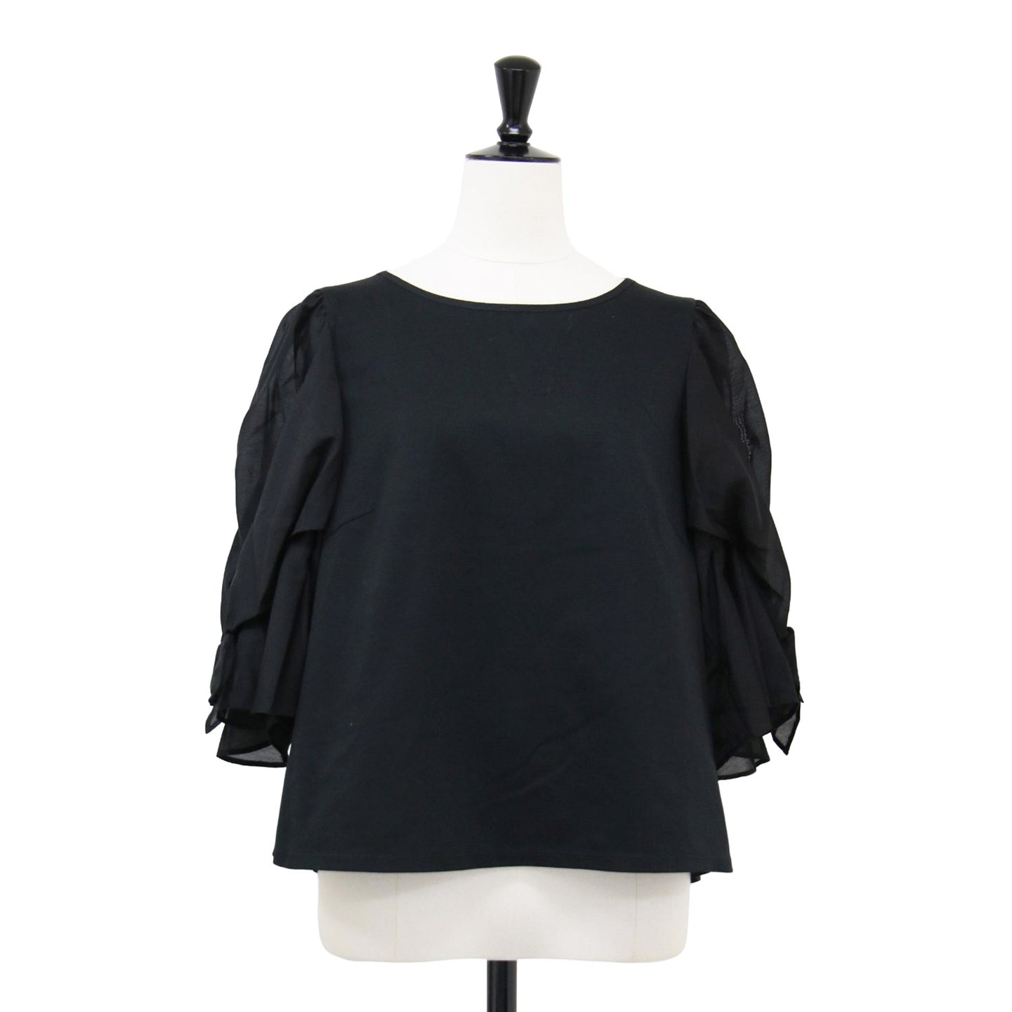 リボン ジャージー カットソー / ブラウス クルーネック 7分袖 異素材 ストレッチ コットン