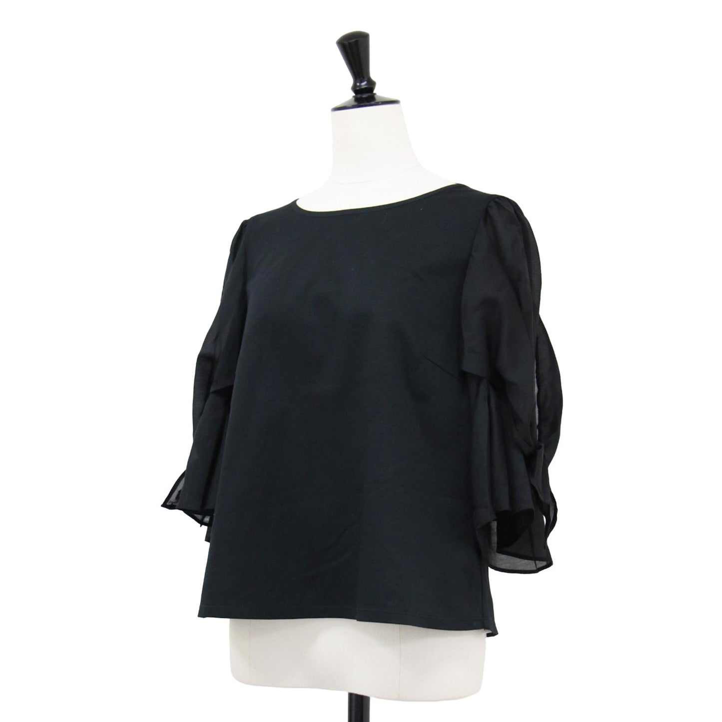 リボン ジャージー カットソー / ブラウス クルーネック 7分袖 異素材 ストレッチ コットン