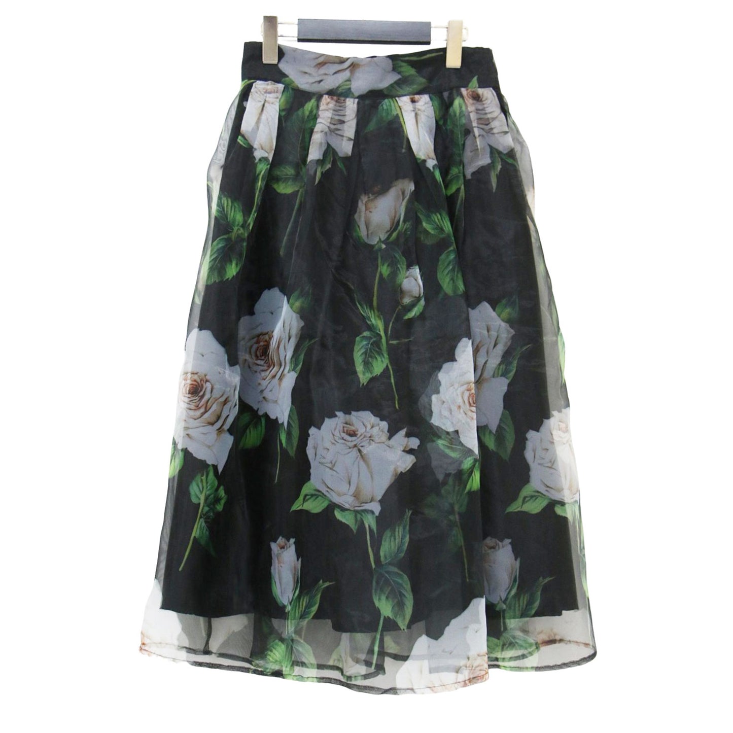 花柄 フレア スカート / ミディ丈 フラワープリント シフォン タック ウォッシャブル