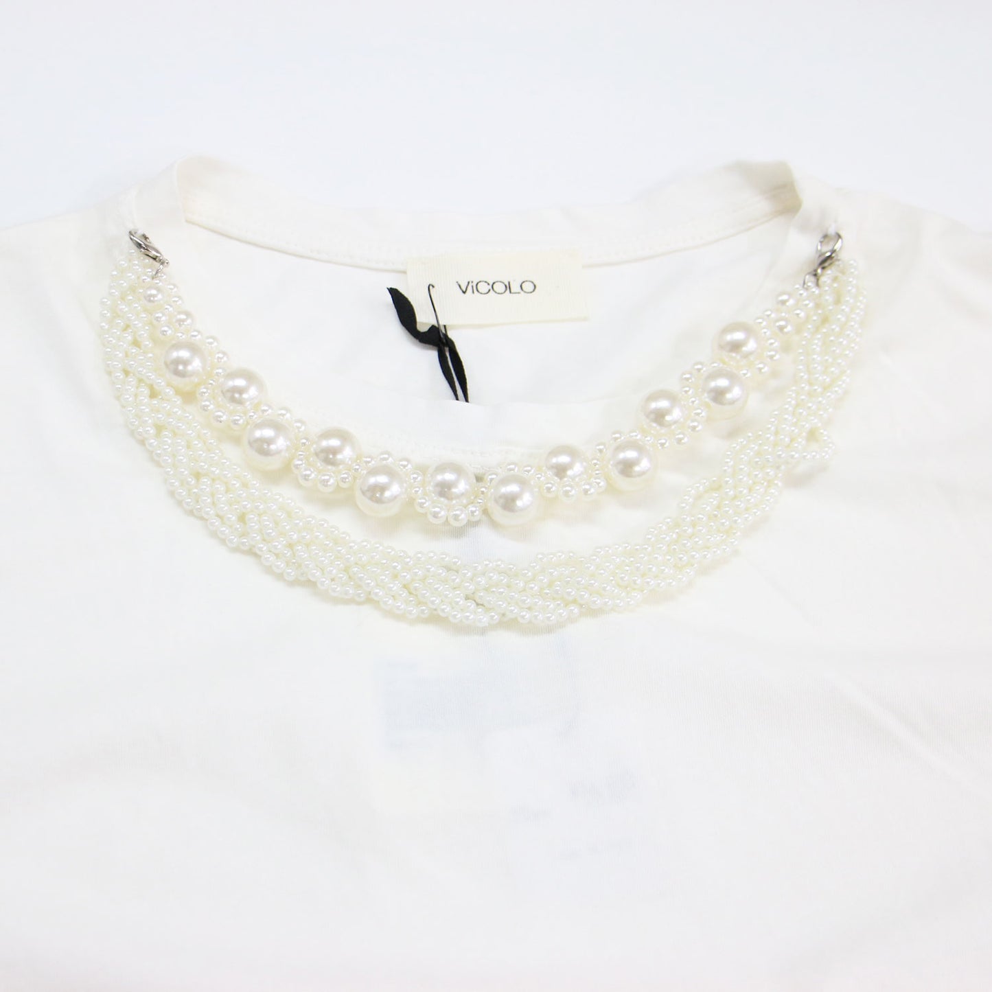 パール ネックレス風 Tシャツ / カットソー 半袖 ショートスリーブ クルーネック コットン