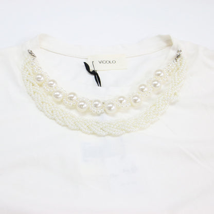 パール ネックレス風 Tシャツ / カットソー 半袖 ショートスリーブ クルーネック コットン