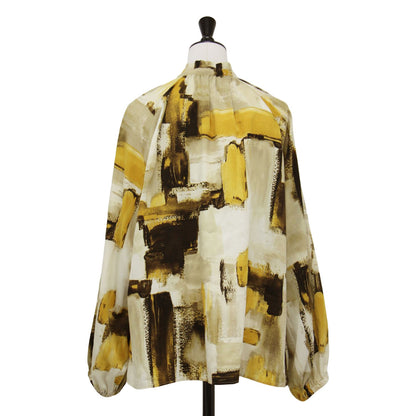 ボウタイ 総柄 ハイネック ブラウス / プルオーバー 長袖 フリル ギャザー ラグランスリーブ タック マロニースエード