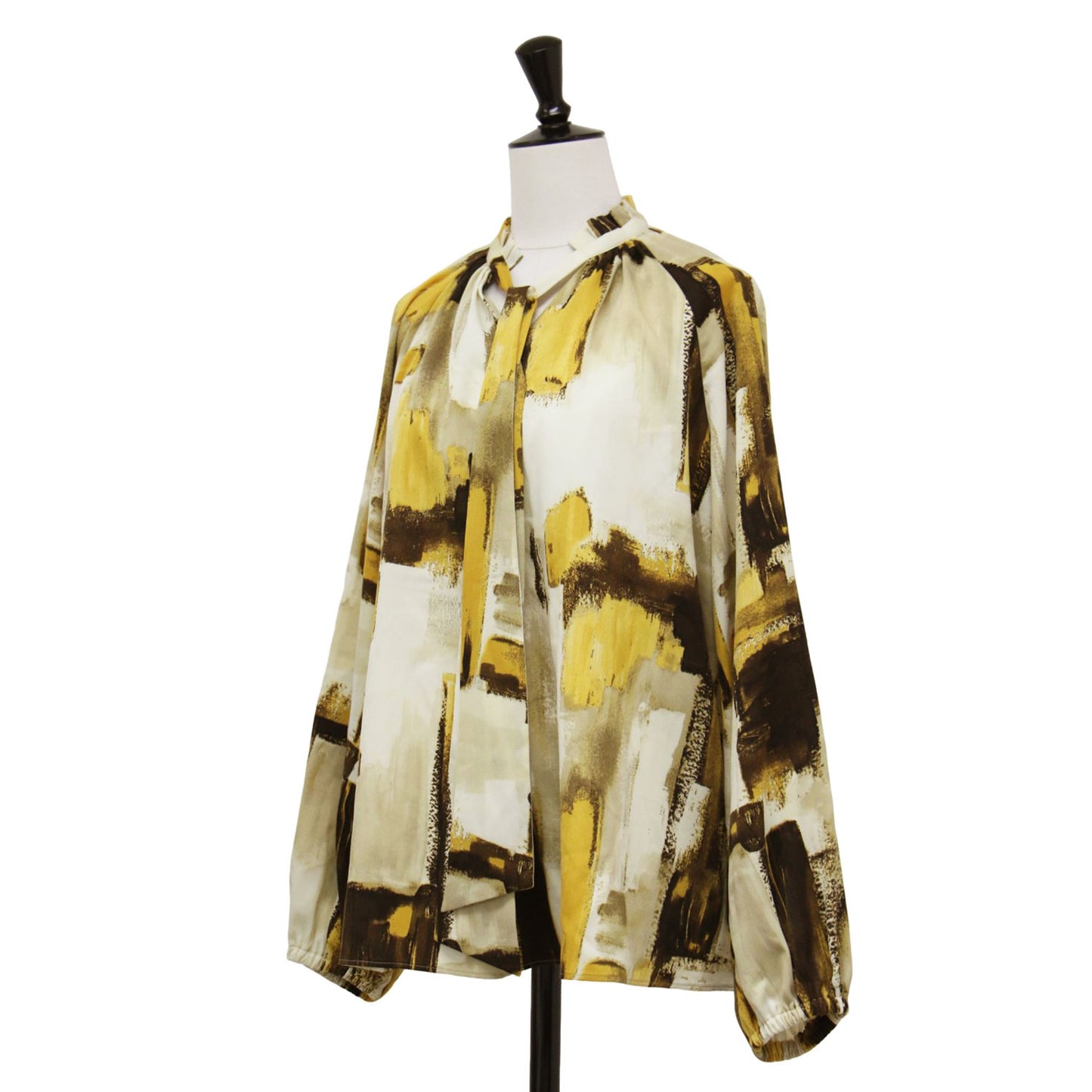 ボウタイ 総柄 ハイネック ブラウス / プルオーバー 長袖 フリル ギャザー ラグランスリーブ タック マロニースエード