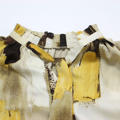 ボウタイ 総柄 ハイネック ブラウス / プルオーバー 長袖 フリル ギャザー ラグランスリーブ タック マロニースエード