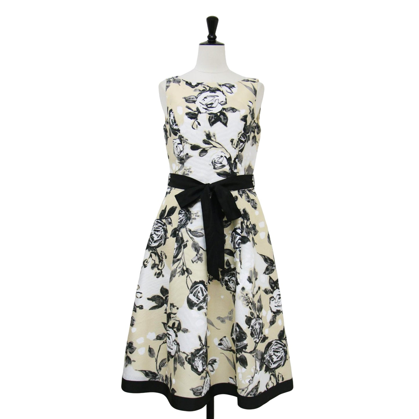 24春夏 バラモチーフ タック ドレス / ワンピース ノースリーブ ミディ丈 リボン フレア 花柄