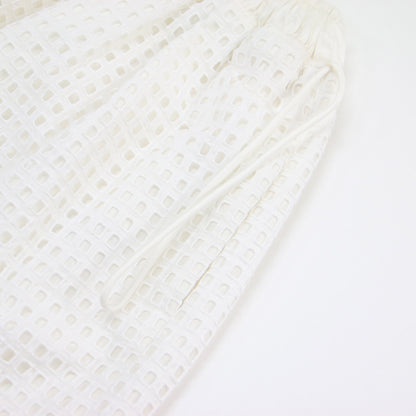 コットン エンブロイダリー ショートパンツ / キュロット ハーフパンツ レース 総刺繍 タック ウエストゴム シルク コットン