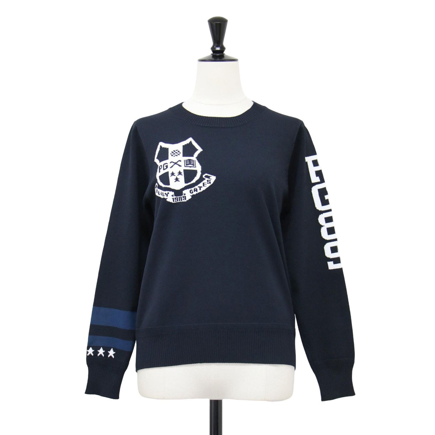 エンブレム ロゴ クルーネック ニット / プルオーバー 長袖 ライン入り ハイゲージ