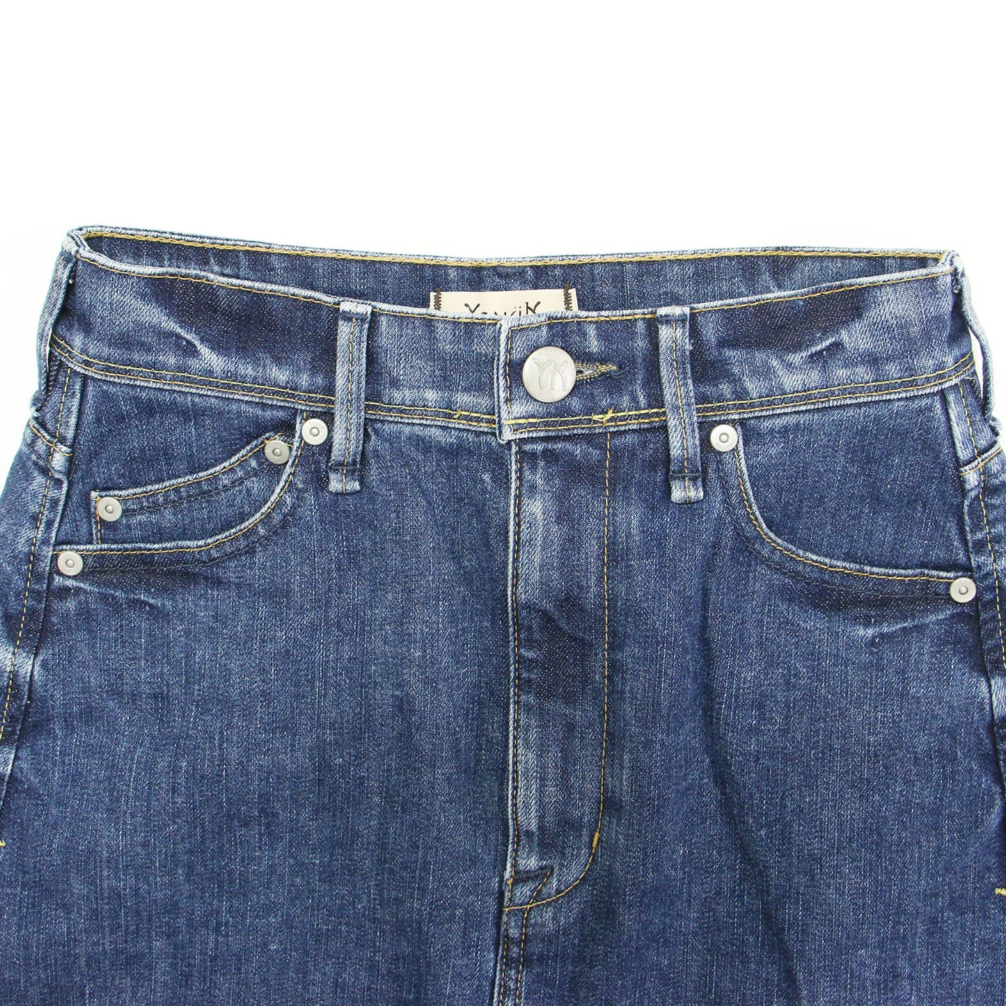 Aライン デニム スカート / ミディ丈 ハイウエスト スリット ヴィンテージ加工