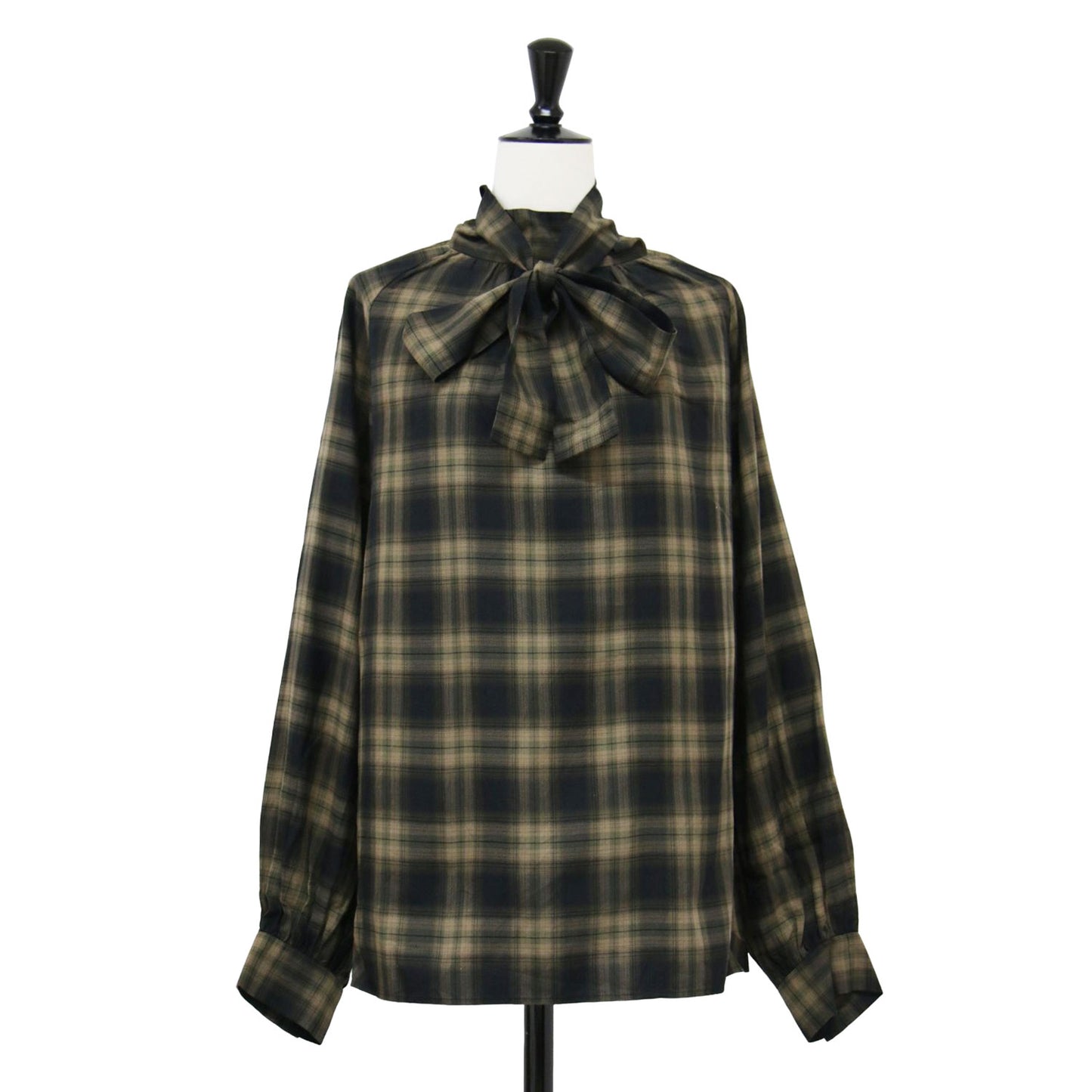 ボウタイ チェック ブラウス / プルオーバー 長袖 ハイネック リボン タック ギャザー コットン