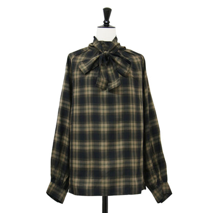 ボウタイ チェック ブラウス / プルオーバー 長袖 ハイネック リボン タック ギャザー コットン