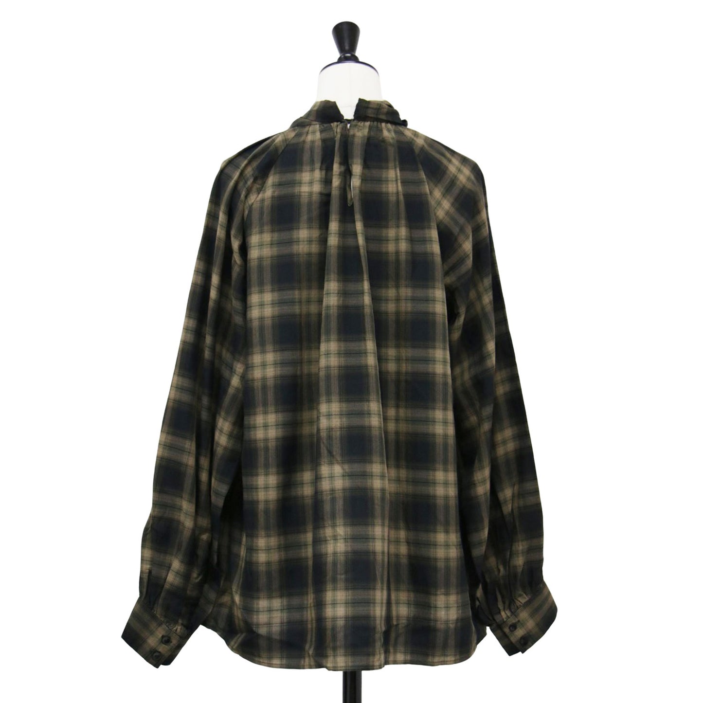 ボウタイ チェック ブラウス / プルオーバー 長袖 ハイネック リボン タック ギャザー コットン